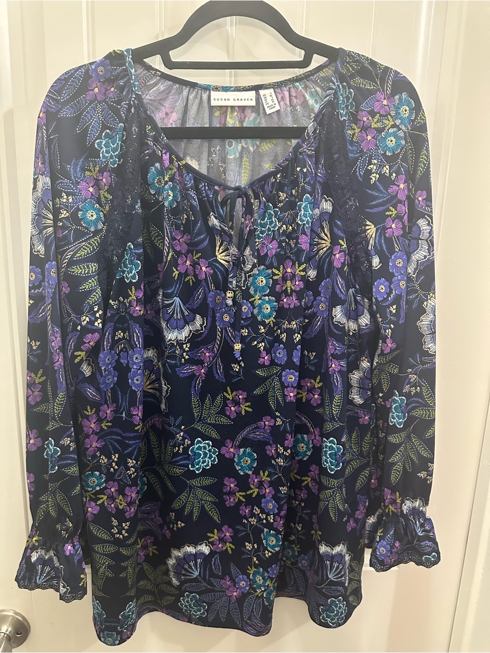 Susan Graver Floral Peasant Blouse - Navy, Purple, Teal gold highlights size L